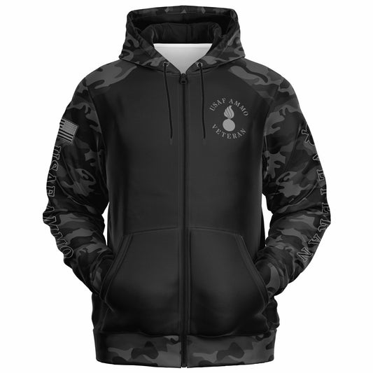 Black and Grey USAF AMMO Veteran DD-214 Fashion Zip-Up Hoodie - All Over Print