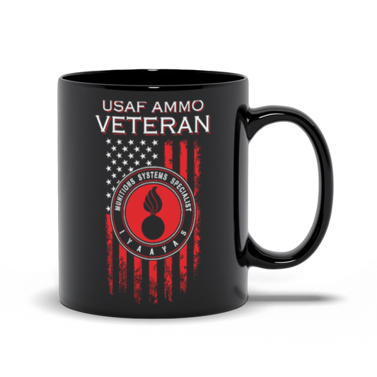 USAF AMMO Veteran Vertical Grunge Flag Round Pisspot Logo Black Mugs