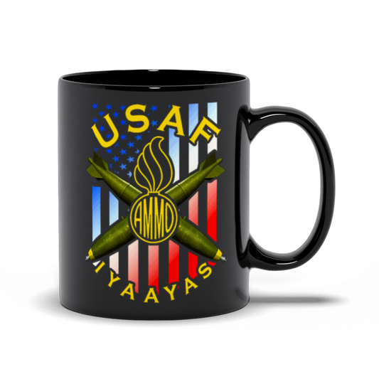 USAF AMMO Pisspot Crossed Bombs American Flag Background Black Mugs