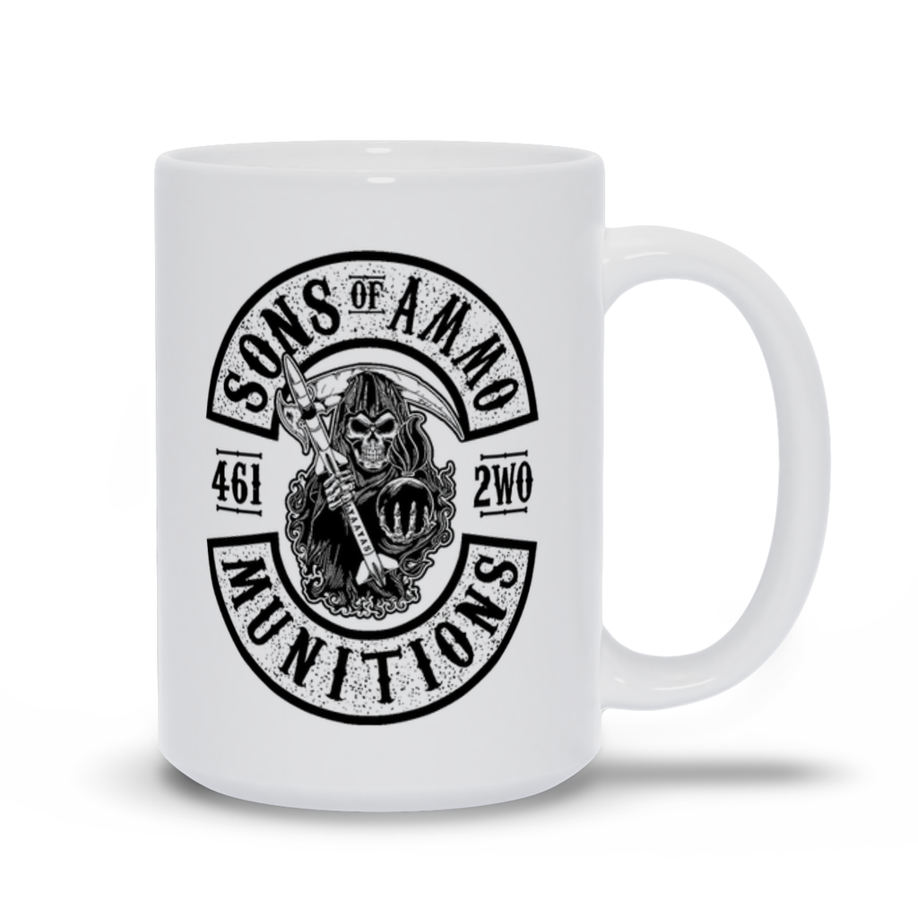 Sons Of AMMO Grim Reaper Sickle Pisspot Missile Logo White Coffee Mug