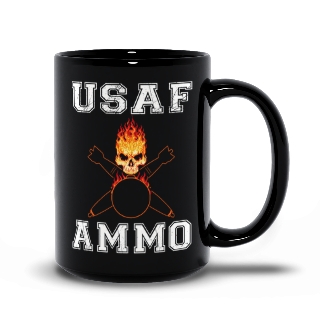 USAF AMMO Flaming Skull Pisspot Crossed Bombs Black Mugs