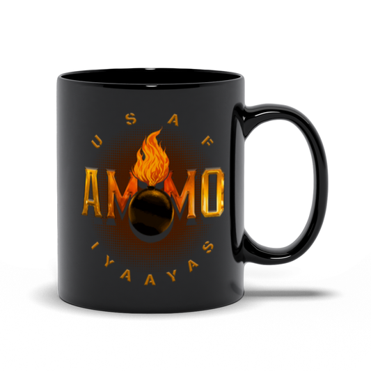 USAF AMMO Glowing Orange Pisspot IYAAYAS Logo Black Mugs