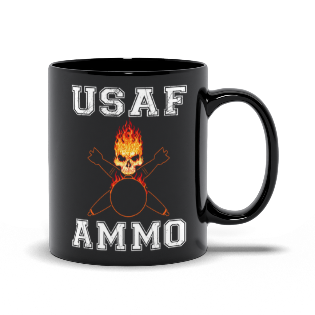 USAF AMMO Flaming Skull Pisspot Crossed Bombs Black Mugs