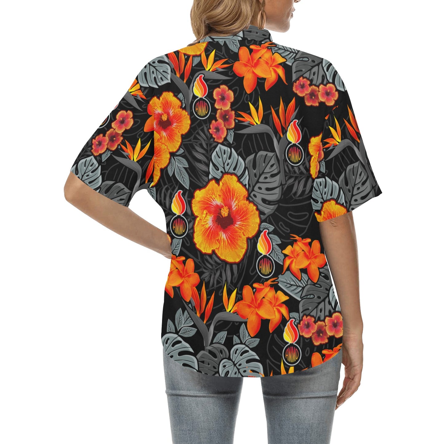 Fire Hibiscus Flowers With AMMO Pisspot Womens Hawaiian Shirt