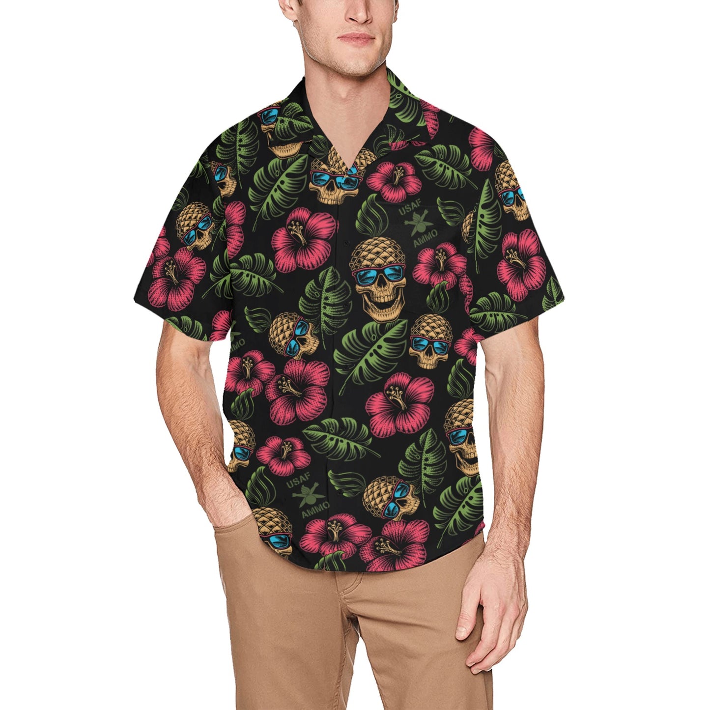 Pineapple Pisspots with Leaves Flowers USAF AMMO logo AMMO Hawaiian Shirt With Left Chest Pocket