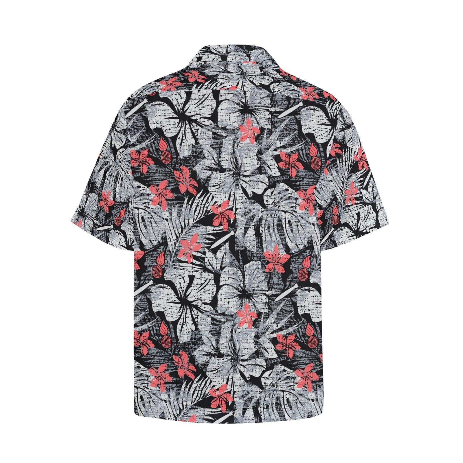 Black Grey and Light Red Flowers Pisspots Bombs and IYAAYAS Hawaiian Shirt  With Left Chest Pocket
