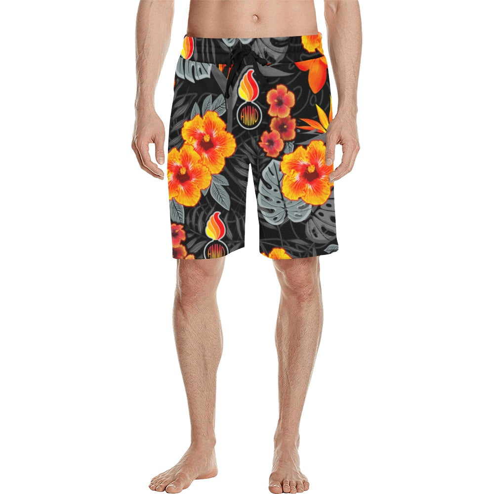 Fire Orange Hibiscus Flowers Leaves Pisspots AMMO Hawaiian Shorts