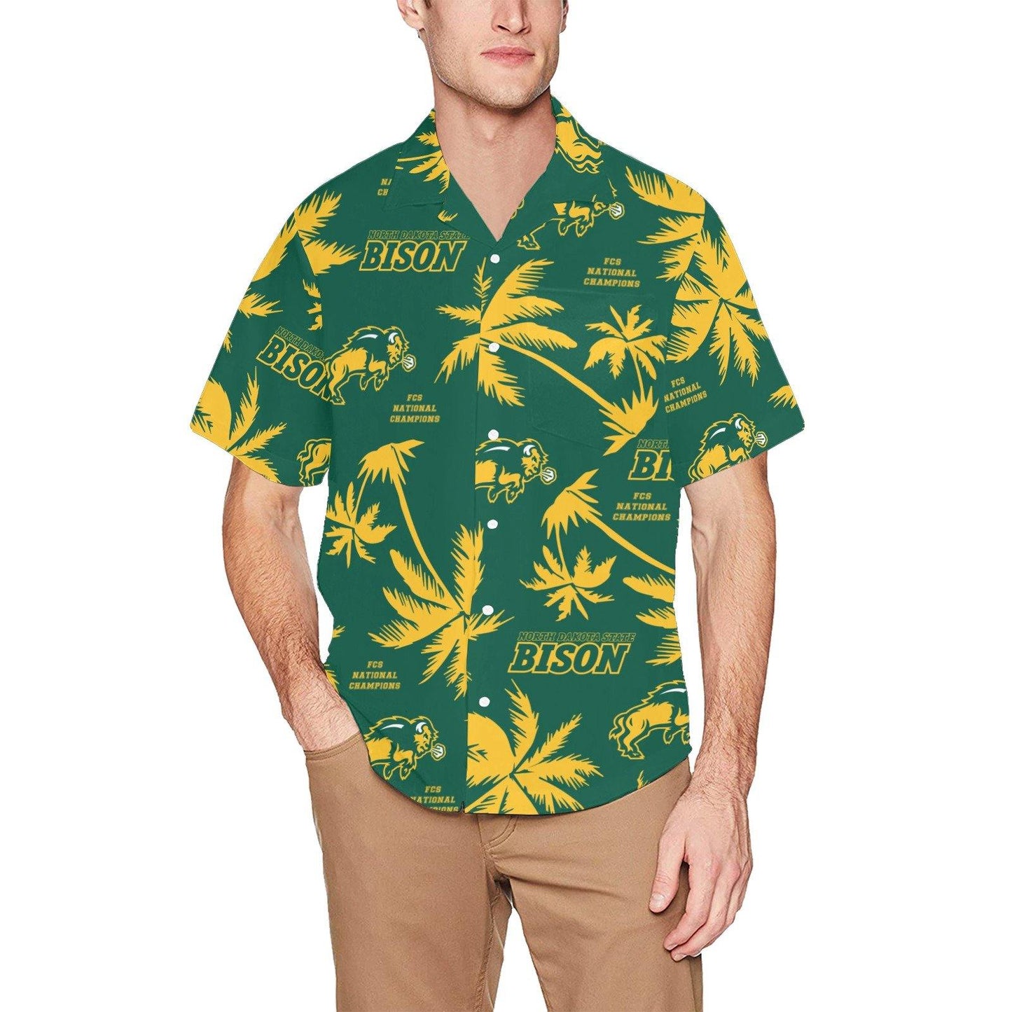 North Dakota State Bison Green Hawaiian Shirt With Front Left Pocket - AMMO Pisspot IYAAYAS Gear