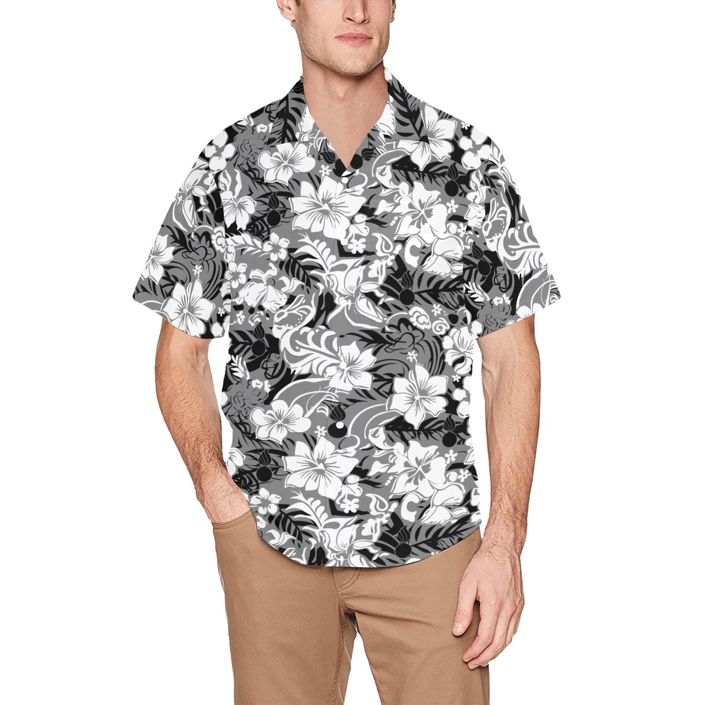 USAF AMMO Black White And Grey Flowers Leaves And Pisspots Mens Left Chest Pocket Hawaiian Shirt