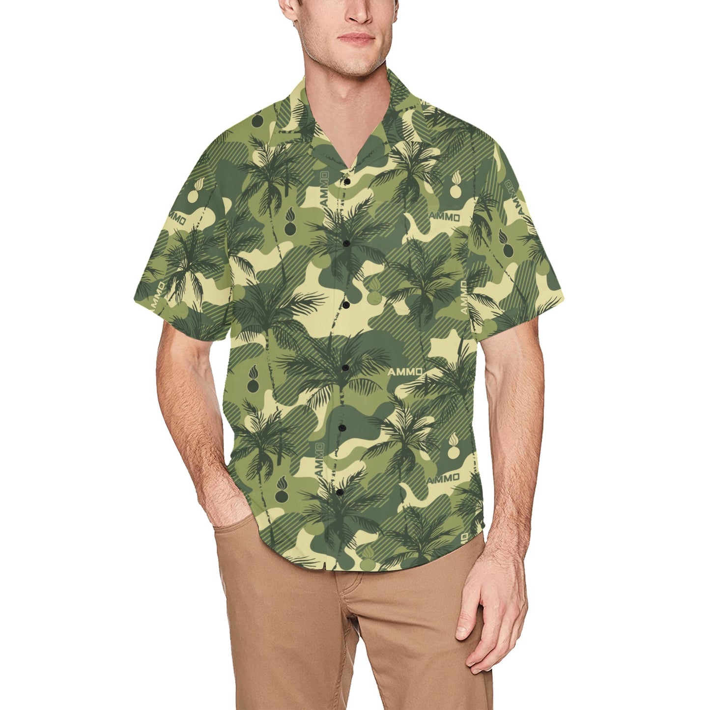 AMMO Green Camouflage Palm Trees Pisspots Pattern Mens Left Chest Pocket Hawaiian Shirt